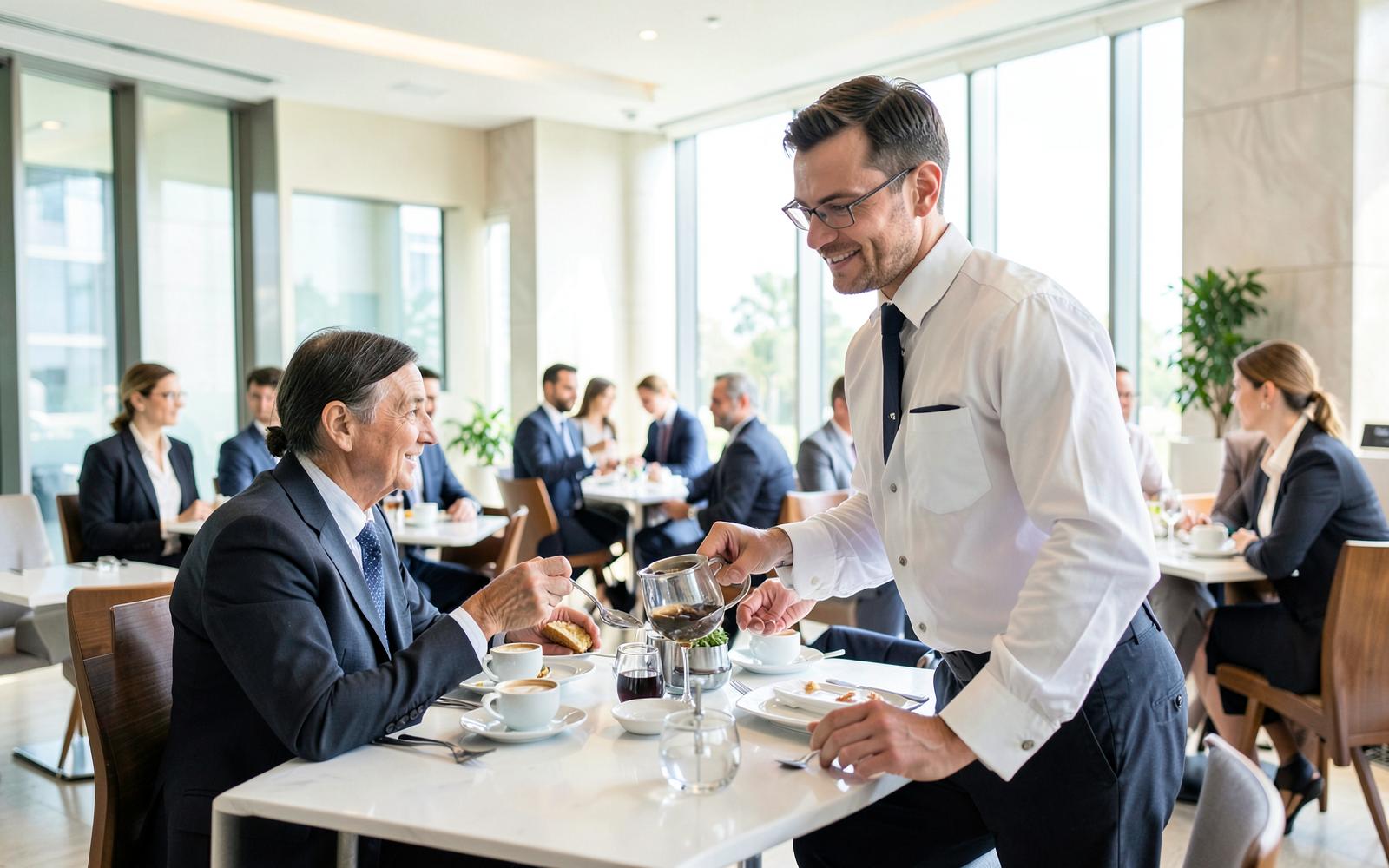 A waiter serving guests in a modern hotel restaurant