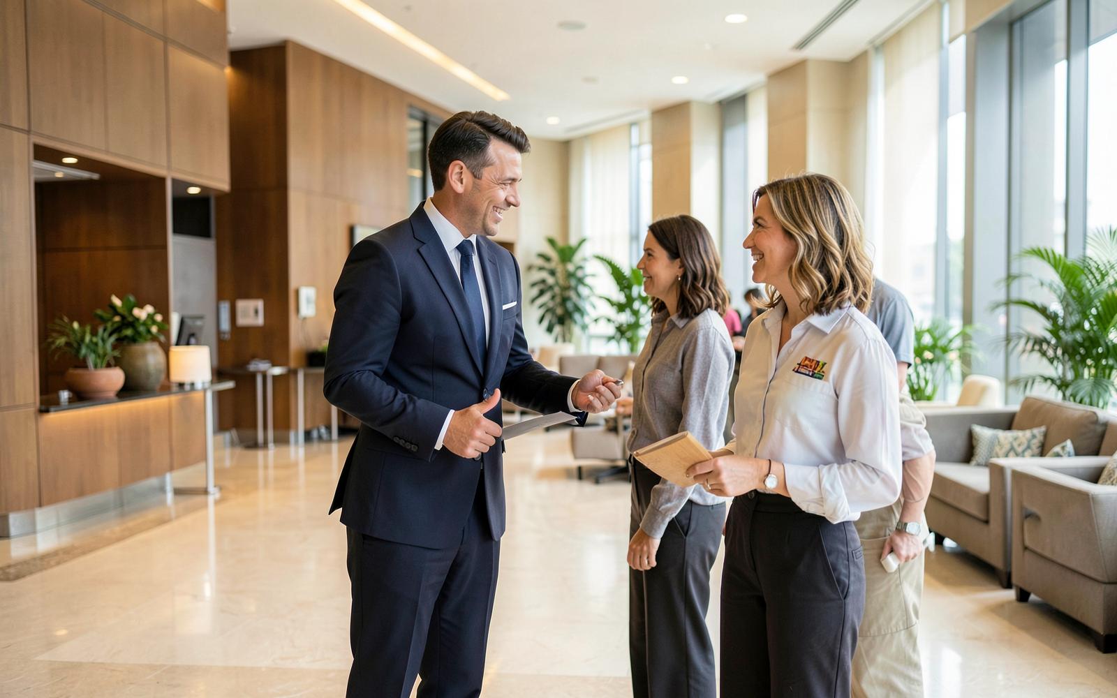 A hotel manager helping guests in a modern lobby