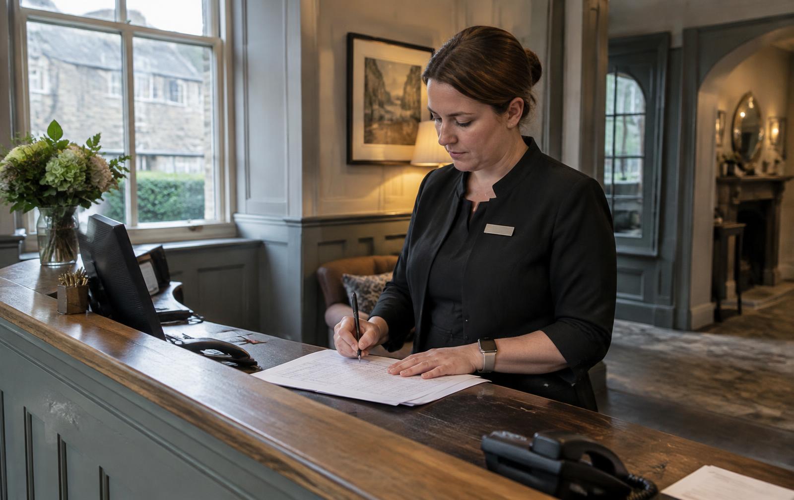 A duty manager writing up the day's rota at a hotel reception desk