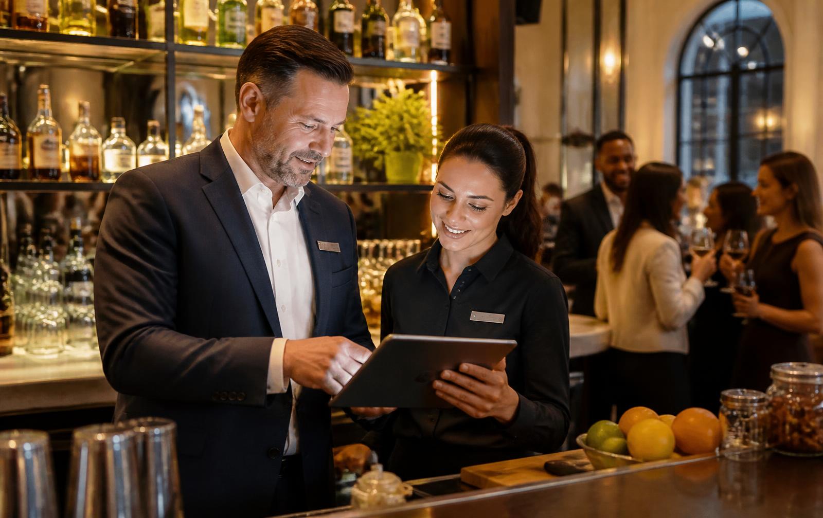 A duty manager and a bar team member planning the evening together