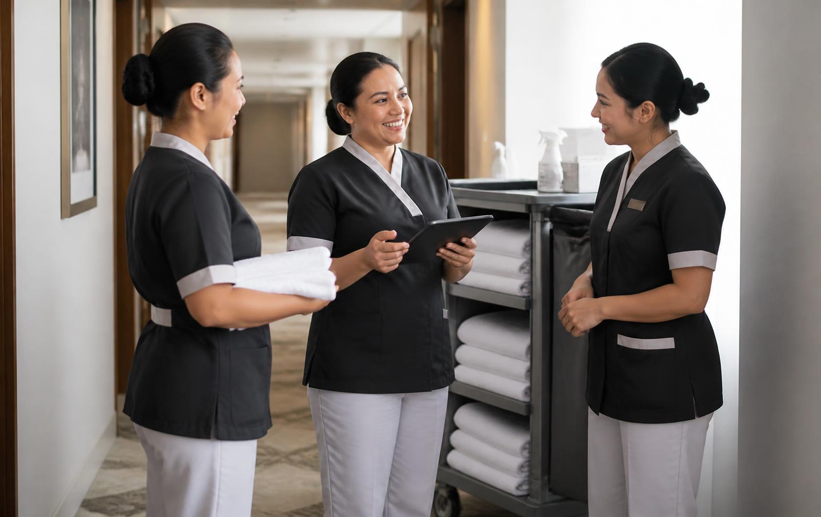 A housekeeping team having a short morning huddle in a hotel corridor
