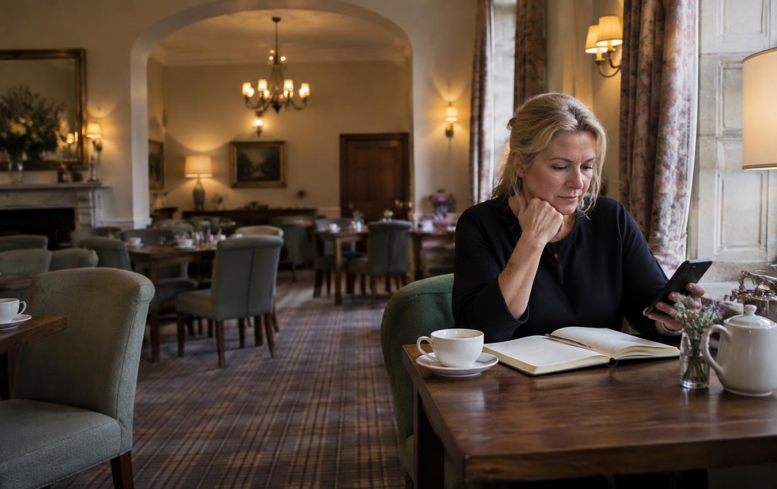 A hotel owner planning the day with a notebook and a cup of tea